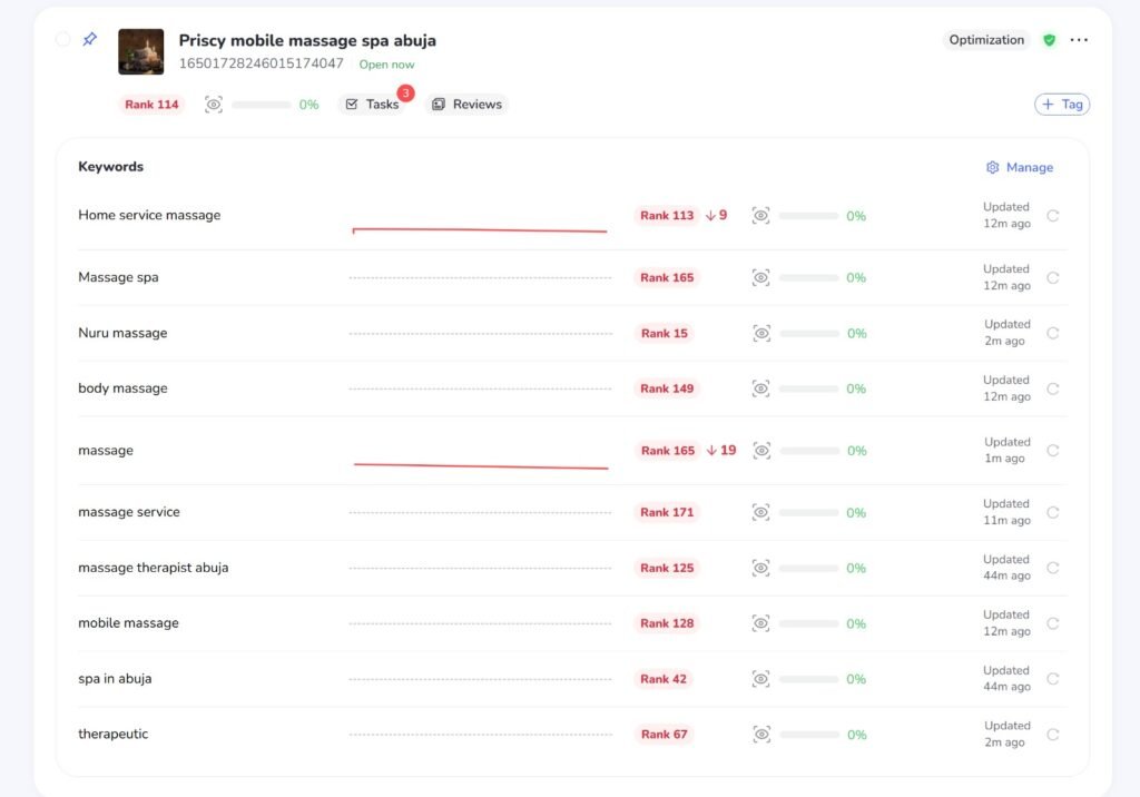 SEO ranking results before optimization for a local business